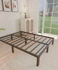 Straight Up Heavy Duty Queen Bed Frame Built Like A Tank With Ample Underbed Storage showing metal slats and legs in a bright room.