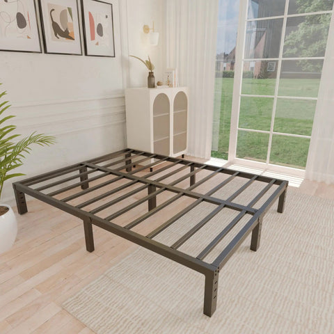 Straight Up Heavy Duty Queen Bed Frame Built Like A Tank With Ample Underbed Storage showing metal slats and legs in a bright room.