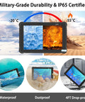 Hardcore Rugged Tablet With Barcode Scanner, 10.1 Inch 5G Android 13 Industrial Machine, N4680 Scan Engine grabs 1D and 2D QR Codes No Sweat, showing military-grade durability, IP65 certification with waterproof and dustproof features.
