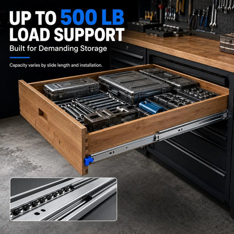 Beefy Full Extension Heavy Duty Drawer Slides With Ball Bearings, Quiet Smooth Glide, Side Mount Rails For Cabinets And Tool Chests, High Capacity Load, Rust Resistant Steel, Easy Install, 3 Fold Extension on open tool drawer