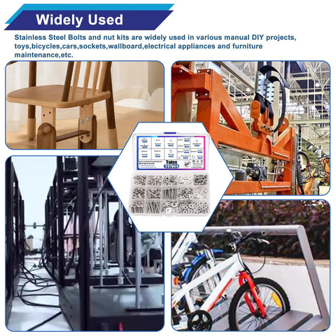 304 Stainless Steel Machine Screws Bolts Nuts And Washers Assortment Kit for DIY projects and repairs, includes hardware examples