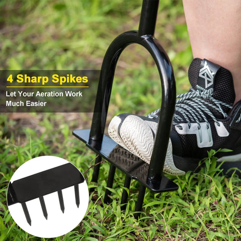 Close-up of foot pressing down on 37-inch manual lawn aerator with 4.7-inch iron tines, showing use in compact soil.