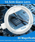Eight Times Magnification Floor Magnifying Glass With Light And Stand focusing on circuit board through glass lens.