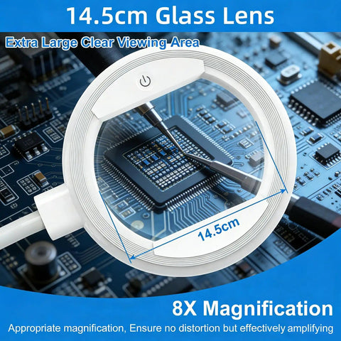 Eight Times Magnification Floor Magnifying Glass With Light And Stand focusing on circuit board through glass lens.