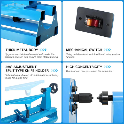Kickstart Your Woodworking Game With This Smooth Mini Lathe Machine! Featuring 380W Power, 4-Speed Adjustments from 750 to 2150 RPM, and detailed parts.