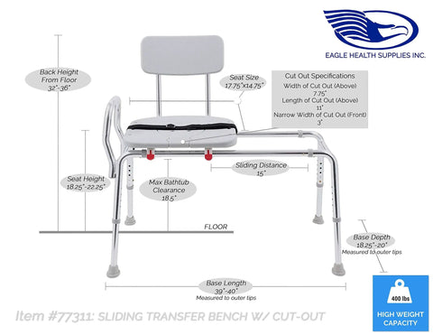 Diagram showing dimensions of Sliding Transfer Bench With Replaceable Cutout Seat, supports 400 lbs, for bath safety.