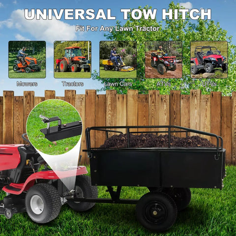 Beefy Heavy Duty Steel Dump Cart With 1,500 Lb Capacity attached to lawn tractor in yard