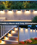 Real Deal Solar Deck Lights For Outdoor Yard And Fence Featuring Waterproof 16 Pack Warm White 4 Led Bulbs per unit on garden steps and fence.