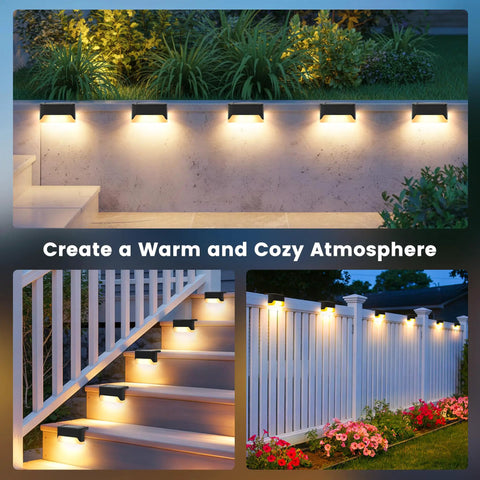 Real Deal Solar Deck Lights For Outdoor Yard And Fence Featuring Waterproof 16 Pack Warm White 4 Led Bulbs per unit on garden steps and fence.