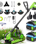 Cordless 800W Brushless Weed Eater With Wheels 20,000 RPM For Beastly Power 12 Inch 4 In 1 String Trimmer Edger Mower Brush Cutter Foldable 21V With Dual 4.0Ah Batteries And Power Display, showing attachments and batteries.