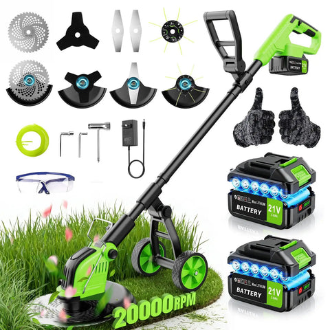 Cordless 800W Brushless Weed Eater With Wheels 20,000 RPM For Beastly Power 12 Inch 4 In 1 String Trimmer Edger Mower Brush Cutter Foldable 21V With Dual 4.0Ah Batteries And Power Display, showing attachments and batteries.