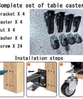 Heavy Duty Retractable Casters With Foot Tap Release, Smooth Polyurethane Wheels For Moving Workbenches And Gear, Solid Steel Base Handles Massive Loads Without Breaking A Sweat, Complete Four Piece Set with installation components including casters and brackets.