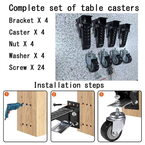Heavy Duty Retractable Casters With Foot Tap Release, Smooth Polyurethane Wheels For Moving Workbenches And Gear, Solid Steel Base Handles Massive Loads Without Breaking A Sweat, Complete Four Piece Set with installation components including casters and brackets.