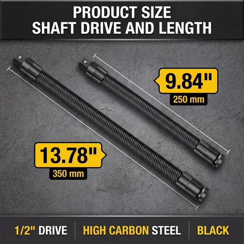 Two lengths of Half Inch Flexible Shaft Extension With 360 Degree Angled Rod, Torque Socket Connector For Tight Spaces shown