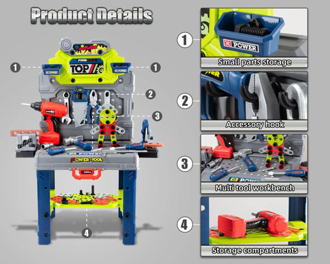 Image of Awesome Kids Tool Workshop Set: 32-Inch Folding Workbench With 35+ Accessories, featuring electric drill toy, tool storage, and STEM play activities.