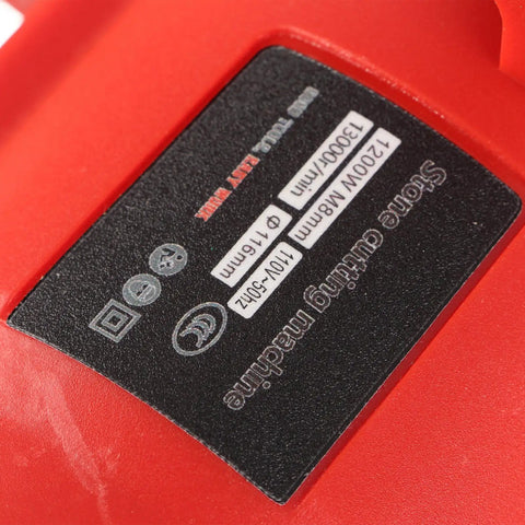 Close-up of specifications label on Pro Grade Electric Tile Bevel Cutter With 1200w Motor And 13000 RPM Spin for heavy duty jobs.