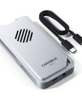 USB4 NVMe Enclosure With Active Cooling Fan And Solid Aluminum M.2 SSD Case for Mac iPad Pro, silver, with USB-C cable.