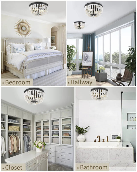 Boho Flush Mount Light Fixture With Two Lights Natural White Wood Beaded Ceiling Light in bedroom, hallway, closet, bathroom