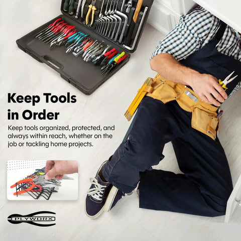 Person organizing tools in heavy duty pliers rack for toolbox drawer organizer holds up to 32 pliers steel frame with triple coated vinyl adjustable drawer shelf durable holder for home garage and pro use.