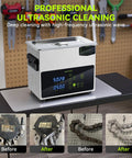 No Fuss One Touch Ultrasonic Cleaner With Heating Feature And Deep Clean Cycle A 3L Tank Eco Savvy Wash Unit on a workbench.