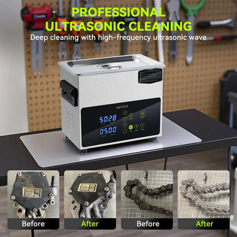 No Fuss One Touch Ultrasonic Cleaner With Heating Feature And Deep Clean Cycle A 3L Tank Eco Savvy Wash Unit on a workbench.