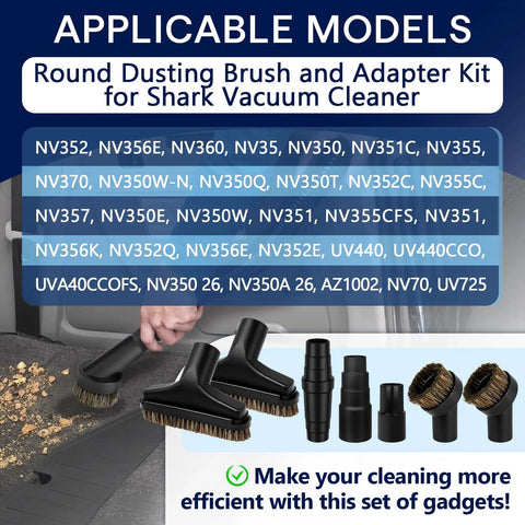 Seven Piece Horse Hair Vacuum Attachment Set With Round Dusting Brush Attachments And Adapters For Most Vacs Includes One And A Quarter Inch Vacuum Hose Adapters For Easy Swaps And Deep Cleaning shown with compatible models list