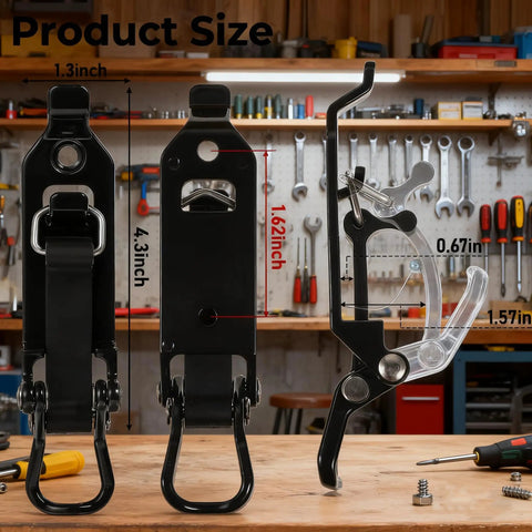 Rugged Metal Rubber Shovel Mount for Roof Rack and Truck Bed shown with dimensions, black metal with rubber components.