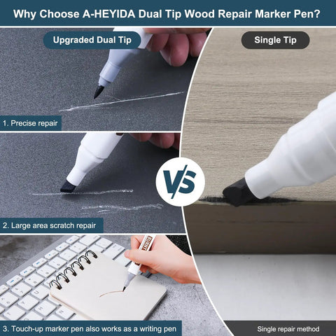 A-HEYIDA Dual Tip Wood Repair Marker Pen demonstrating precise and large area repairs on different wood surfaces.