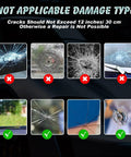 Image showing not applicable damage types for windshield repair, indicating cracks exceeding 12 inches are unrepairable.