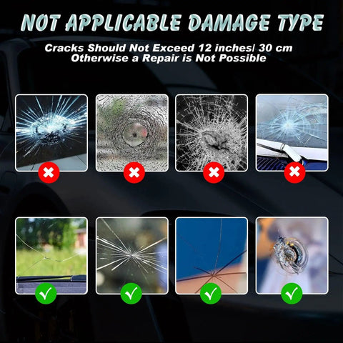 Image showing not applicable damage types for windshield repair, indicating cracks exceeding 12 inches are unrepairable.