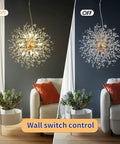 Gold Dandelion Sputnik 9 Light Crystal Chandelier Ceiling Fixture Dope Modern Firework Pendant Light in bedroom with wall switch control on and off