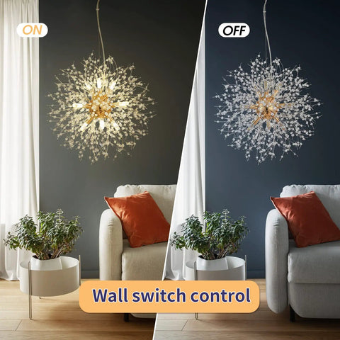 Gold Dandelion Sputnik 9 Light Crystal Chandelier Ceiling Fixture Dope Modern Firework Pendant Light in bedroom with wall switch control on and off