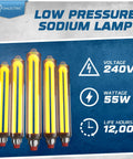 Five Low Pressure Sodium HID Clear Light Bulb 1800K Warm White BY22D Base, 55W Energy Efficient Lamp for Outdoor Industrial Use