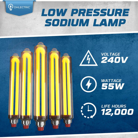 Five Low Pressure Sodium HID Clear Light Bulb 1800K Warm White BY22D Base, 55W Energy Efficient Lamp for Outdoor Industrial Use