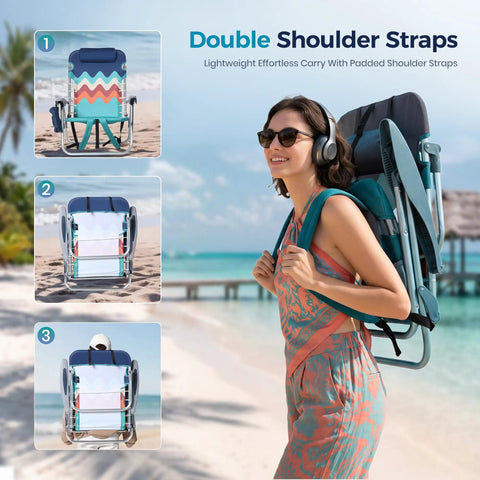 Woman carrying Two Pack Aluminum Folding Beach Chairs With Four Position Recline And Lay Flat Option on beach with double shoulder straps