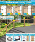 Cable railing system display with components, including 500 Foot One Eighth Inch T316 Stainless Steel Cable For Indoor Outdoor Deck Railings, 7X7 Wire Rope, 1800 Lb Breaking Strength, Coastal Grade Railing Kit WR02 Marine Grade For Harsh Coastal Weather And Indoor Outdoor Use.