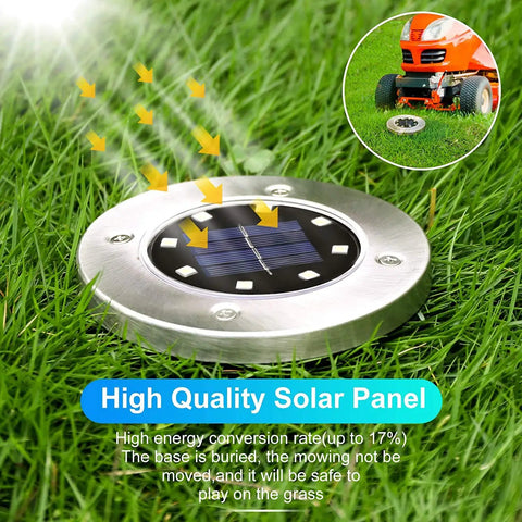 Close-up of Solar Disk Lights For Outdoor Landscaping And Pathways No Fuss LED Easy Stake Mount Waterproof Stainless Steel Tops Rust Free Garden Lights 8 Pack For Reliable Nighttime Illumination on grass