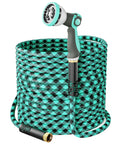 Welluck 50 ft garden hose with teal/black braided exterior and adjustable spray nozzle