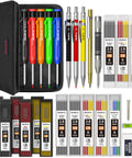 Pro Grade Carpenter Drawing Kit With Straight Up Solid Lead Pencils And Mechanical Refills, Sharpener, Carbide Scribe, Mini Level, Center Punch, Canvas Bag For Crew Leaders And Tradesmen in a zipped case with various tools.