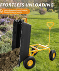 Heavy Duty Dump Cart Wagon With Quick Release Dump 800 Pound Capacity showing soil being unloaded in garden