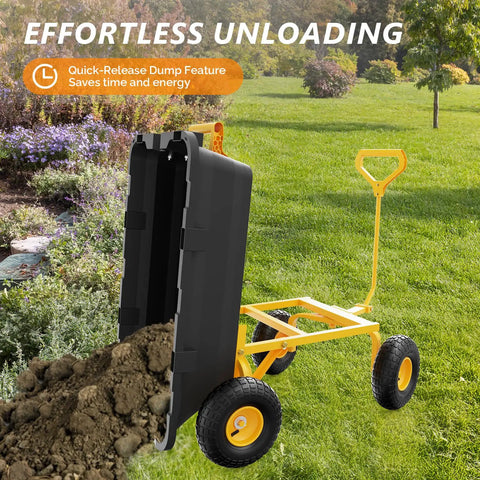 Heavy Duty Dump Cart Wagon With Quick Release Dump 800 Pound Capacity showing soil being unloaded in garden