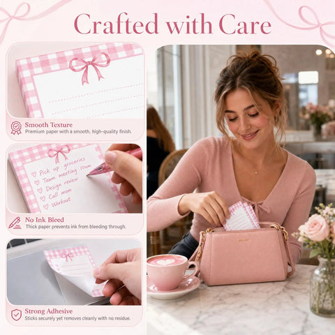 Totally Cute Bow Sticky Notes For Students With Pink Gingham Design 24 Pads 720 Sheets Self Adhering Notepads in use with handbag