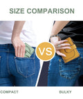 Size comparison of Compact Women’s Bifold Wallet With RFID Blocking Leather Card Holder vs larger yellow wallet in jeans pockets