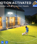 Three Head LED Outdoor Flood Light With Motion Sensor illuminating yard, showing 70ft detection distance and 240° angle coverage.