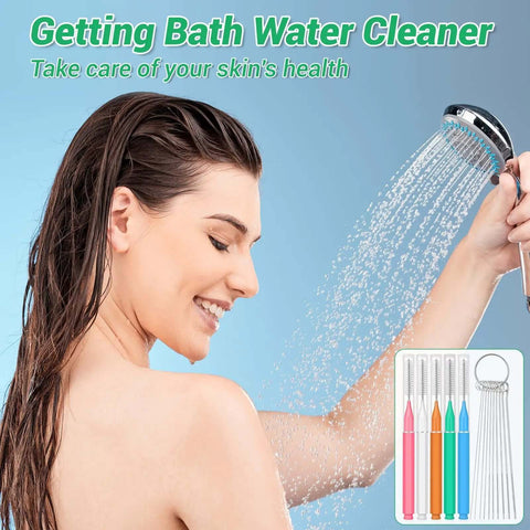 Woman using Shower Head Revival All In One Cleaning Kit With 50 Ultra Fine Nylon Brushes And 20 Surgical Steel Picks