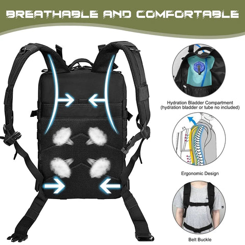 Heavy Duty 45L Tactical Backpack For Men With MOLLE System And 3 Day Bug Out Bag Design Rucksack With Padded Straps Black Back View