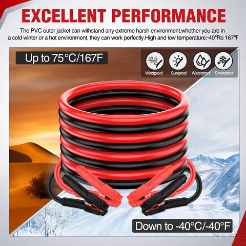 Heavy Duty 1 Gauge Car Battery Jumper Cables 25 Ft 900 Amp Auto Jump Starter Lead, flexible in extreme temperatures.