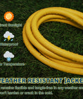 25 Ft Lighted Outdoor Extension Cord With 10 3 SJTW Heavy Duty Yellow Cable And 3 Prong Grounded Plug For Safety UL Listed 15 Amp 125 Volt LED Indicator Lights Up When Powered Durable Copper Wire on grass highlighting weather resistance features