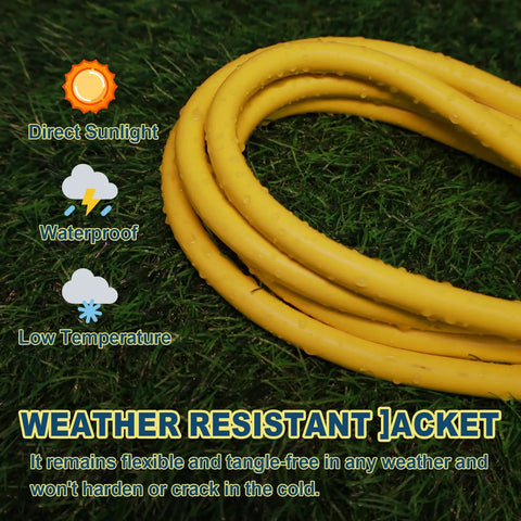 25 Ft Lighted Outdoor Extension Cord With 10 3 SJTW Heavy Duty Yellow Cable And 3 Prong Grounded Plug For Safety UL Listed 15 Amp 125 Volt LED Indicator Lights Up When Powered Durable Copper Wire on grass highlighting weather resistance features