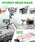 Sturdy rear rack on a pink electric bike with cargo basket, seat, and bag for commuting and shopping
